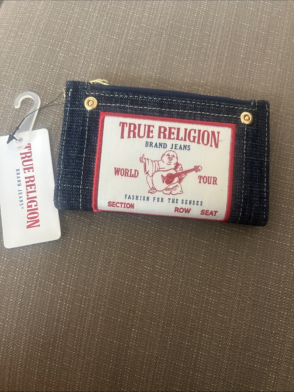 True Religion Navy Denim Zip Wallet with Red & White Logo